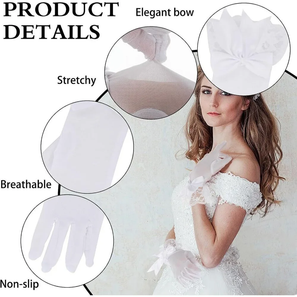 Women's Evening White Short Bow Lace Gloves Mitten Party Costume Accessories